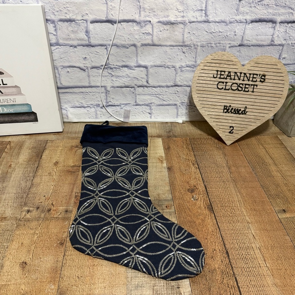 Frontgate Christmas Stocking Navy Blue Beaded Made In India 100% Cotton